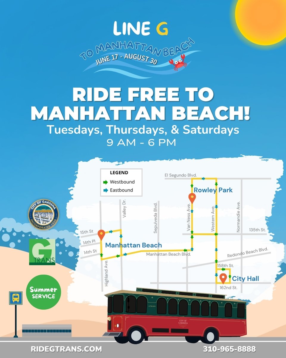 RideGTrans's tweet photo. Grab your sunglasses! 😎Ride Line G to Manhattan Beach for free, starting June 17-August 30. Visit our website to see the schedule: https://t.co/WkTbnUumDA

#GTrans #CityofGardena #LineG #ManhattanBeach #Summer #SoCal https://t.co/xCqiHquhsm