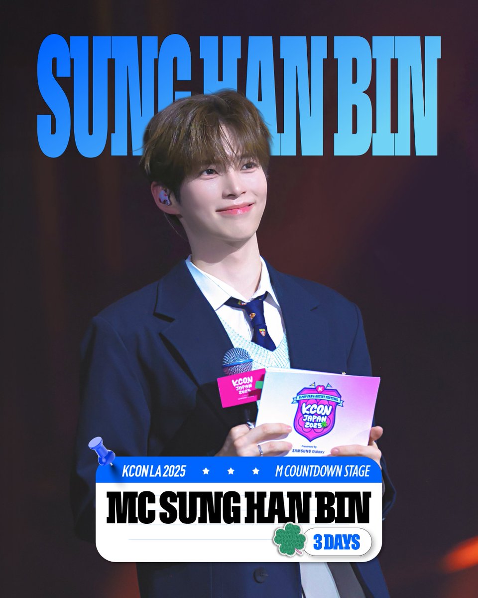 [#KCONLA2025] 
Glad to announce that #ZEROBASEONE 𝐒𝐔𝐍𝐆 𝐇𝐀𝐍 𝐁𝐈𝐍 will take MC for 🍀3 DAYS🍀 in a row in KCON LA 2025, following KCON JAPAN! 

-
► Get your Ticket Now! 
🔗 axs.com/kcon2025 

📌 Ticket Info 
🔗 mnetplus.onelink.me/TRa8/cjn7pl38 

🎟️ KCON EXPRESS / FAST PASS