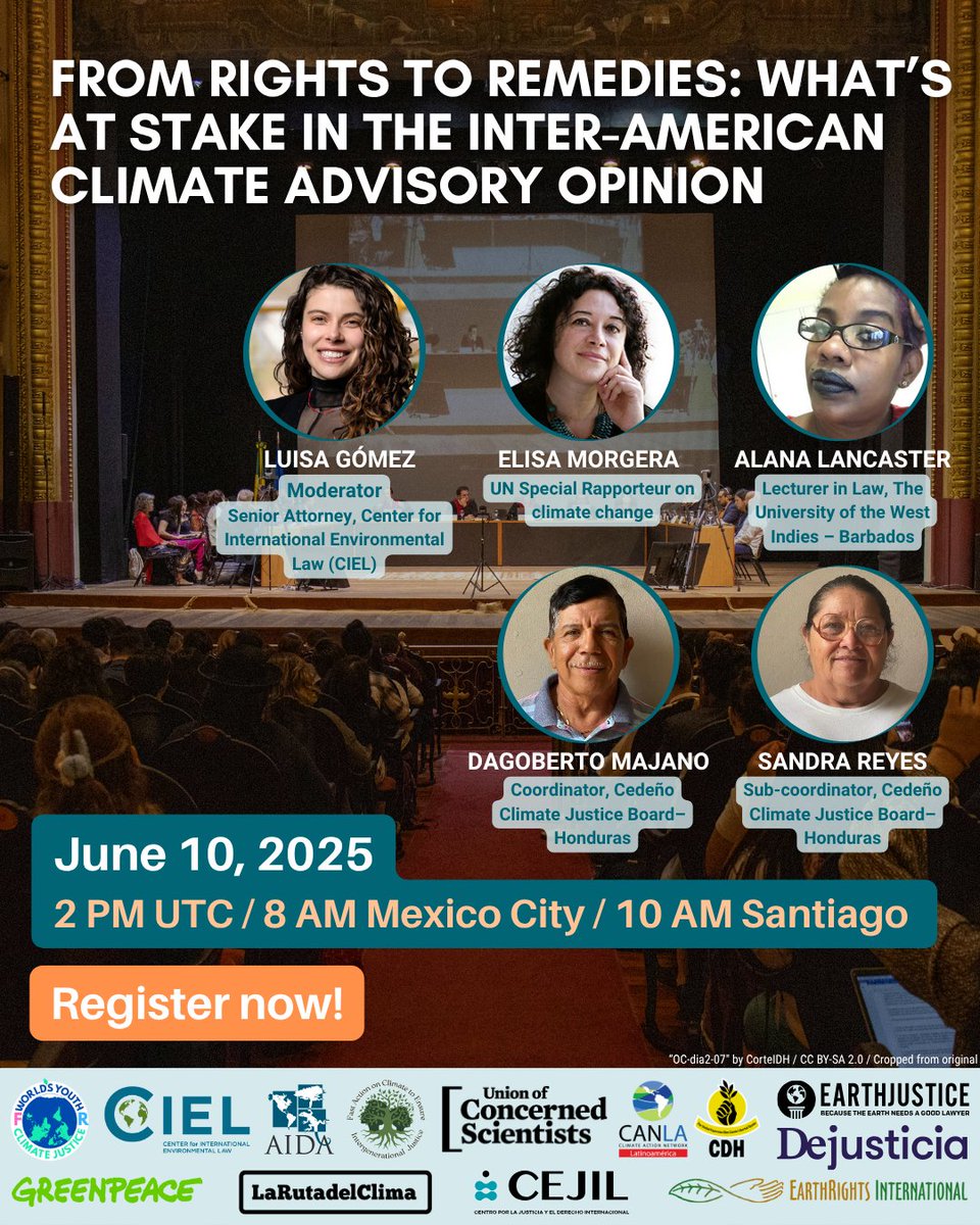 Today is our webinar on the upcoming climate advisory opinion from the Inter-American Court of Human Rights, in which we explore the transformative potential of this AO! 

Join us – simultaneous English/Spanish interpretation available! 

🚀Register now: bit.ly/IACtHRClimateA…