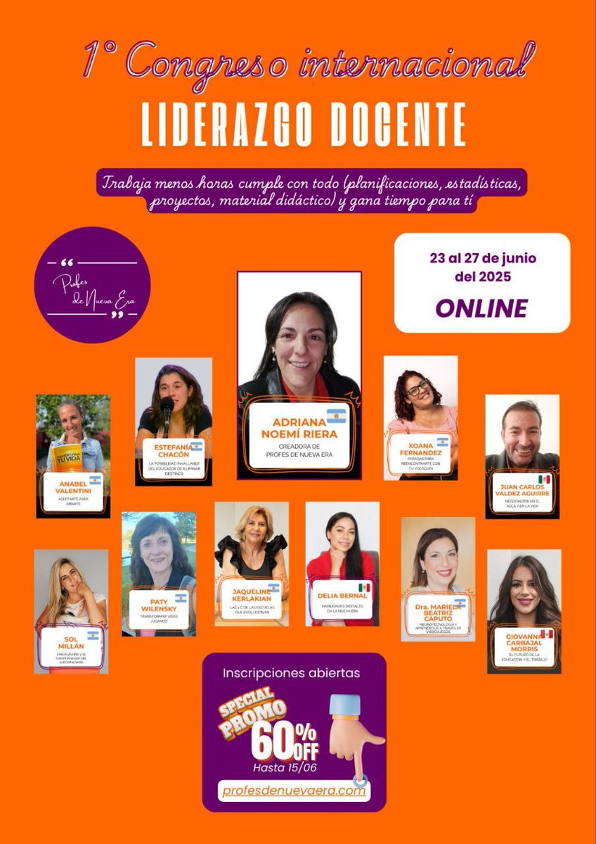 ¡Ya puedes registrarte al Congreso “Liderazgo Docente” de Profes de Nueva Era! YO  Participaré el miércoles 26 de junio con el tema: “Habilidades digitales en la nueva era”.
📅 Del 23 al 27 de junio de 2025
🔗 Inscríbete aquí: profesdenuevaera.com/congreso-lider…