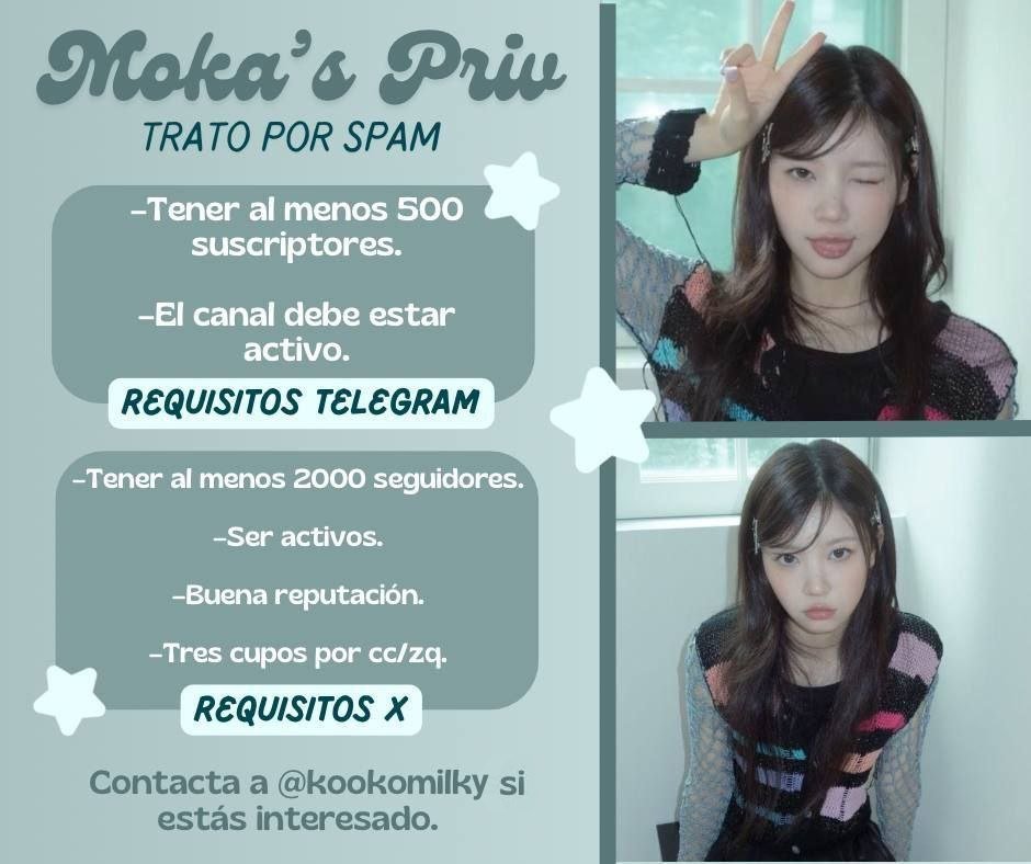 mokaspriv's tweet photo. ➜ 𝗠𝗢𝗞𝗔'𝗦 𝗣𝗥𝗜𝗩 𝗧𝗥𝗔𝗧𝗢 𝗣𝗢𝗥 𝗦𝗣𝗔𝗠 

Si eres parte de un cc/zq y quieres adquirir nuestro priv, ¡Ésta es tu oportunidad! 

Requisitos en la imagen! 

Contacta a @/kookomilky on tlg si te
interesa. 💞 (Sólo el/la owner del zq/cc puede escribir) https://t.co/Mz9mIS4N9y