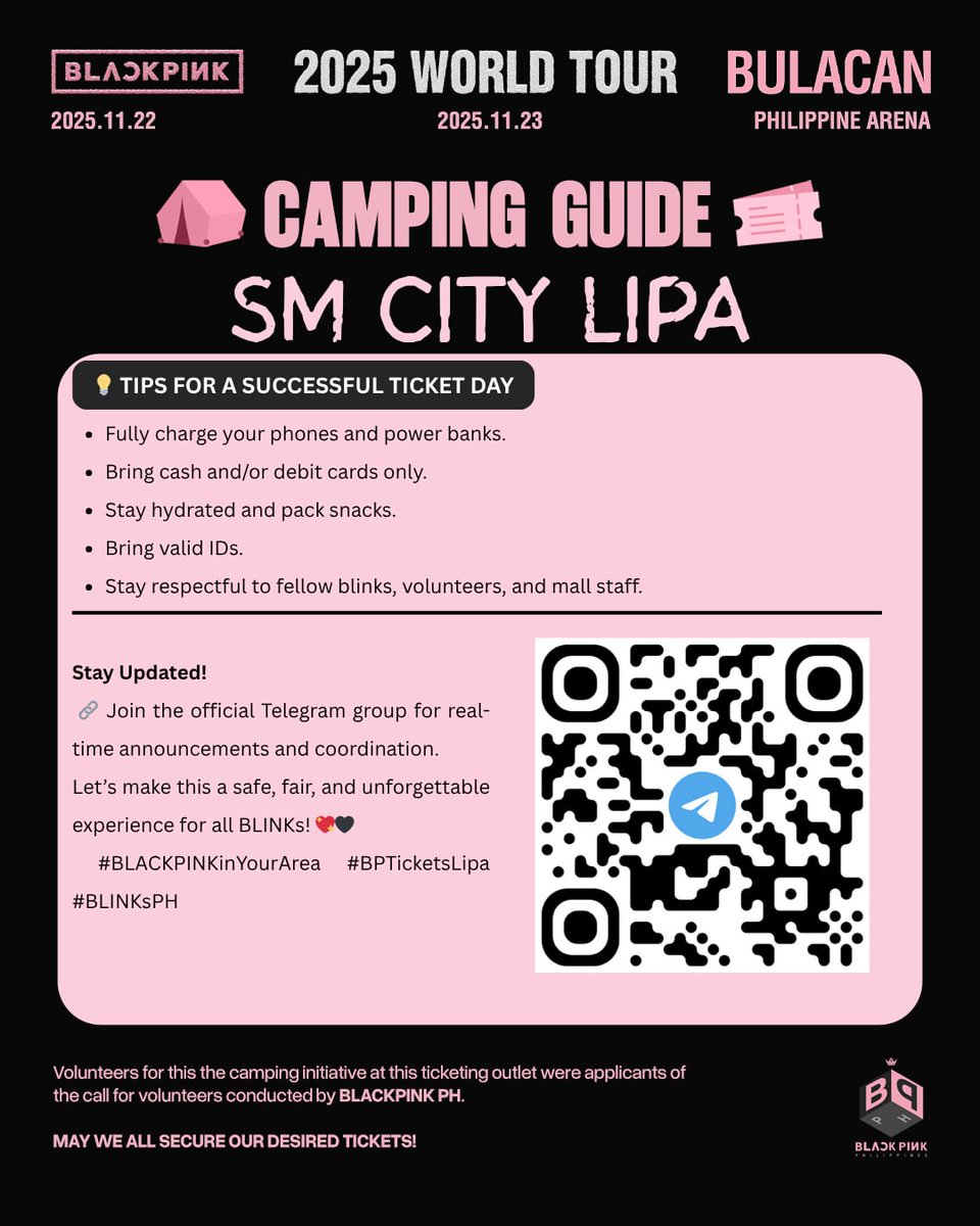 BPTicketSMLipa's tweet photo. general guidelines for campers at SM City Lipa

you may join the official telegram chat by scanning the qr code below. 

see u all on June 11 and may we all secure our desired tickets 🖤🩷

#BLACKPINK_DEADLINE #BLACKPINK_WORLDTOUR2025 #Blackpink_SMCityLipa 

@BLACKPINK_PH https://t.co/ntqr9d9l1o