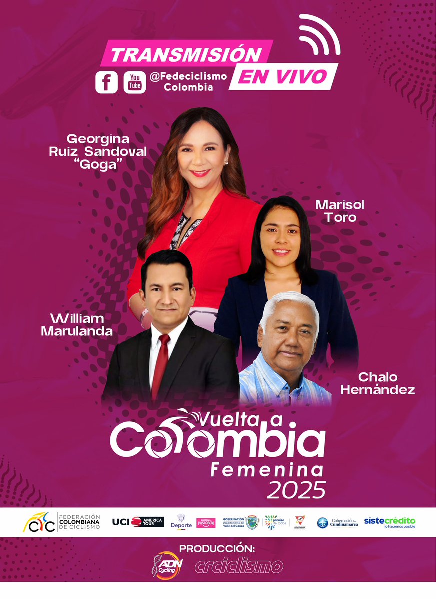 Jera Franco (@jeraldinefranco) on Twitter photo Qué orgullo 😍😍😍
<a href="/fedeciclismocol/">Federación Colombiana de Ciclismo</a> tendrá Streaming de la <a href="/VueltaFemenina/">Vuelta a Colombia Femenina</a> 👏👏👏
🎙️ <a href="/BiciGoga/">Goga Ruiz-Sandoval</a> - <a href="/MTVCiclismo/">MarisolToroValencia</a> - Chalo - William Marulanda.
Unidos <a href="/AdnCycling/">ADN Cycling</a> y <a href="/CRCICLISMO/">crciclismo</a> Qué orgullo 😍😍😍
<a href="/fedeciclismocol/">Federación Colombiana de Ciclismo</a> tendrá Streaming de la <a href="/VueltaFemenina/">Vuelta a Colombia Femenina</a> 👏👏👏
🎙️ <a href="/BiciGoga/">Goga Ruiz-Sandoval</a> - <a href="/MTVCiclismo/">MarisolToroValencia</a> - Chalo - William Marulanda.
Unidos <a href="/AdnCycling/">ADN Cycling</a> y <a href="/CRCICLISMO/">crciclismo</a>