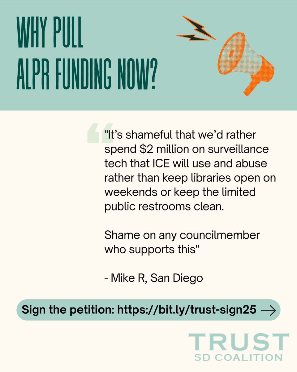Over 1000 San Diegans signed the petition telling City Council to pull funding from ALPR and fund parks, libraries, and other essential services. City Council votes tomorrow at 1pm on whether to pull funding. Sign the petition and share with five friends: bit.ly/trust-sign25