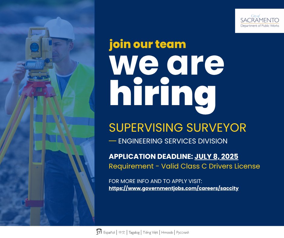 The City of Sacramento Public Works Department is hiring:

⭐ Supervising Surveyor

Through teamwork, integrity, and accountability we keep the city moving forward!

Apply now: bit.ly/4iFYpup