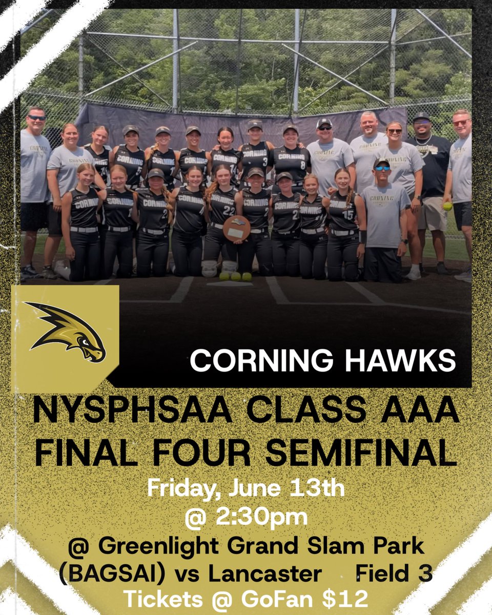 NYSPHSAA CLASS AAA FINAL FOUR SEMIFINAL
Friday, June 13th
@ 2:30pm
@ Greenlight Grand Slam Park (BAGSAI)
vs Lancaster 
Field 3
Tickets: $12 @ GoFan

gofan.co/nysphsaa?activ…