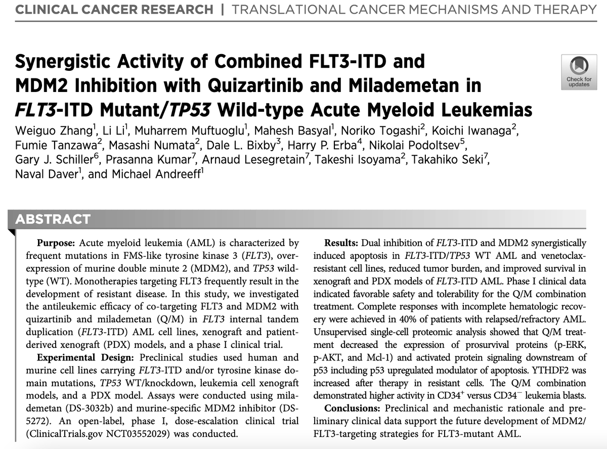 DukeHMCT's tweet image. Preclinical and early phase clinical data suggests a role for dual #FLT3 and MDM2 inhibition using #quizartinib and #milademetan in FLT3-ITD mutated #AML, featuring faculty #HarryErba as a co-author. @CCR_AACR #leusm
aacrjournals.org/clincancerres/…