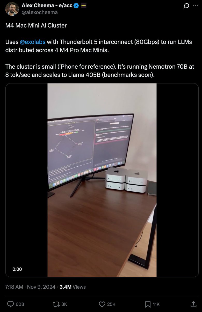 Eric Buess (@ericbuess) on Twitter photo I remember <a href="/alexocheema/">Alex Cheema - e/acc</a>'s viral video of a small Mac Mini cluster: "Nemotron 70B at 8 tok/sec and scales to Llama 405B". I requested benchmarks, discovered how awesome Alex is via Zoom, and built the initial stages of benchmarks.exolabs.net
Now Exo v2 launch incoming! I remember <a href="/alexocheema/">Alex Cheema - e/acc</a>'s viral video of a small Mac Mini cluster: "Nemotron 70B at 8 tok/sec and scales to Llama 405B". I requested benchmarks, discovered how awesome Alex is via Zoom, and built the initial stages of benchmarks.exolabs.net
Now Exo v2 launch incoming!