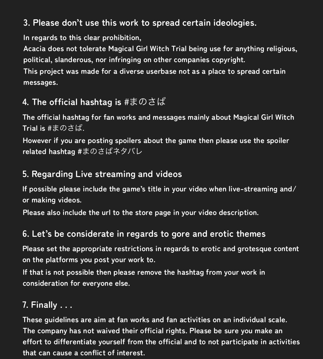 ◆Official Guidelines◆

With the release of the demo Acacia has updated their guidelines in regards to manosaba as such here is an English translation of it please do be sure to take a look.

#まのさば