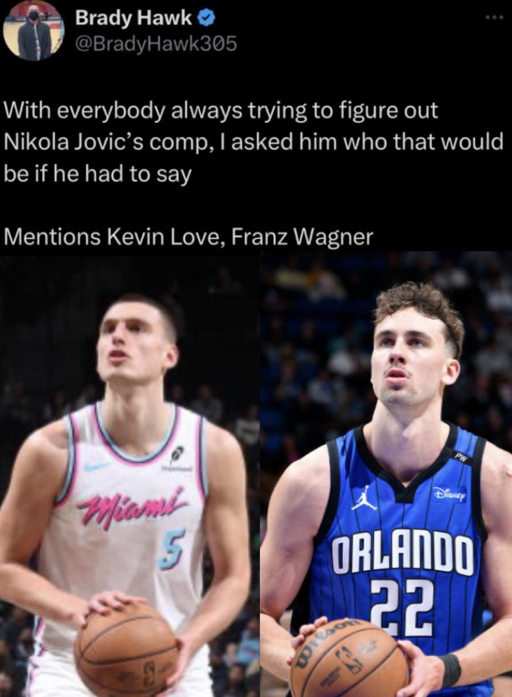 Stats When Playing 30+ Minutes At 21:

 Wagner:                  Jovic:

19.5 PPG              15.3 PPG
4.3 RPG                4.9 RPG
3.7 APG                 4.7 APG
48.3 FG%             53.1 FG%
36.8 3P%             47.1 3P%   
83.7 FT%              91.7 FT%

Happy BDay Niko 🔥