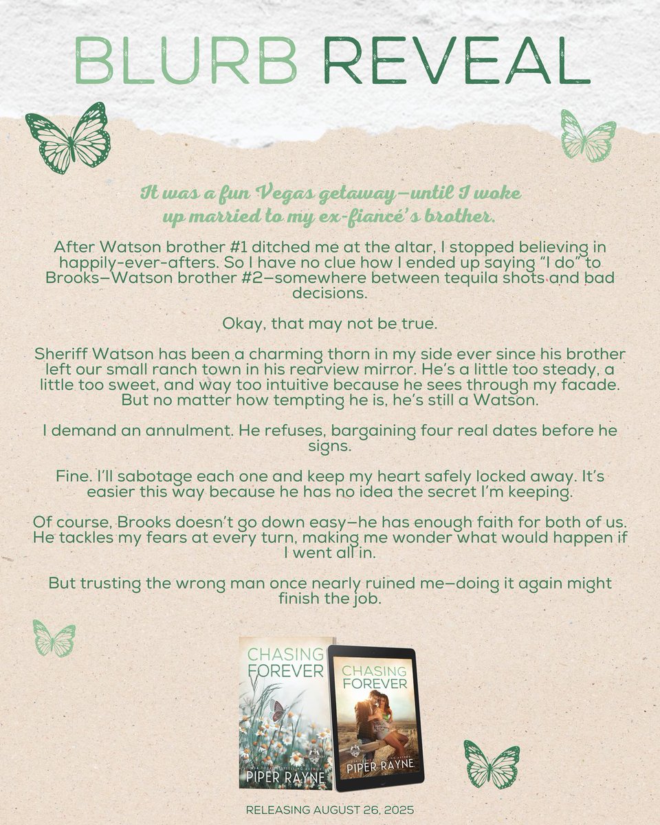 @authorpiperrayne has revealed the blurb for Chasing Forever!
Releasing August 26, 2025
Pre-order today!
books2read.com/Chasing-Foreve…

#PlainDaisyRanch #PiperRayne #ChasingForever #RanchRomance #SmallTownRomance #Valentineprlm <a href="/valentine_pr_/">Valentine PR & Literary Management</a>