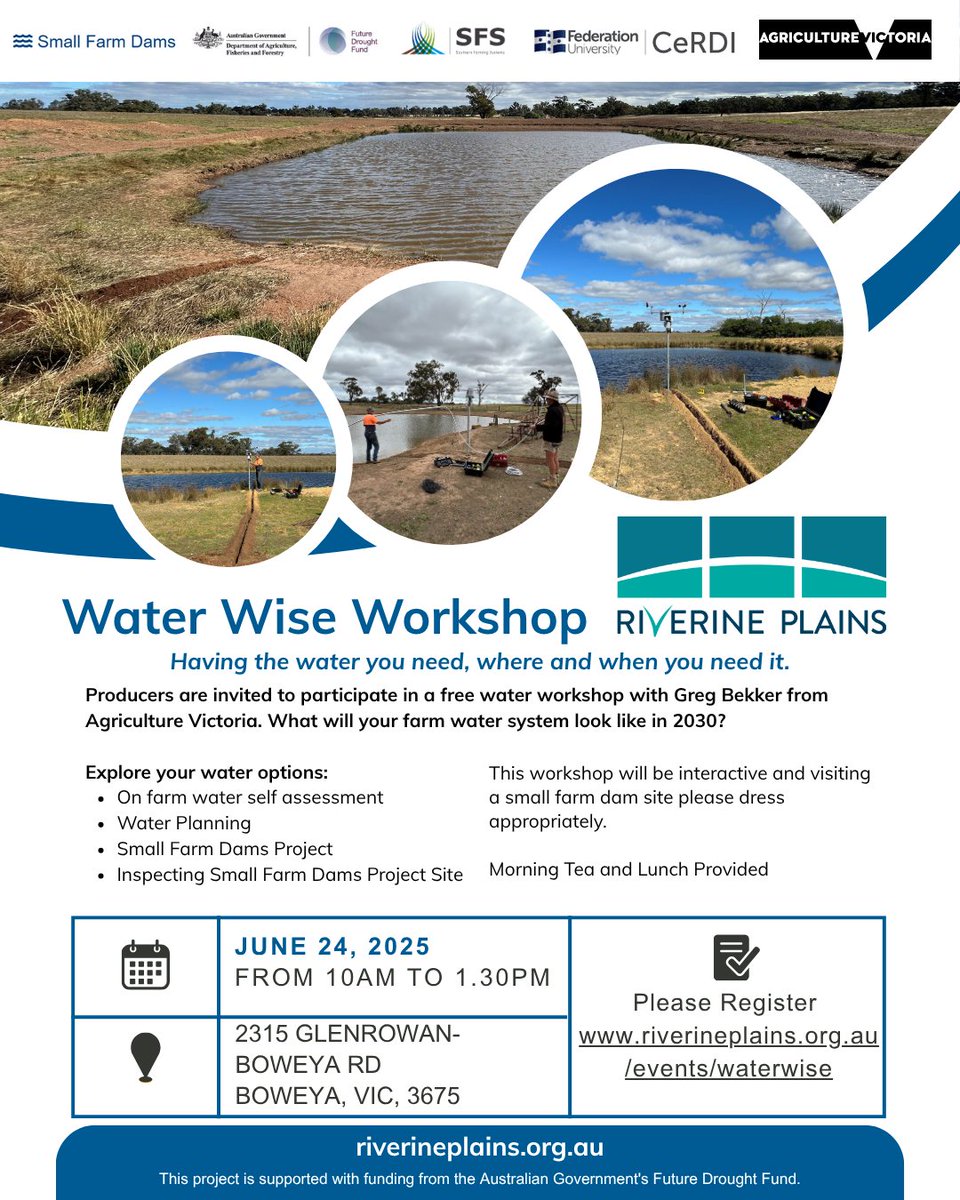 💧 Don’t miss our Water wise workshop! 🌱
Join us for a practical session focused on managing water on your farm.
📍 Tuesday 24 June – Boweya, VIC
🕘 10am–1:30pm
 
Learn how to:
✅ Assess farm water supplies
✅ Budget &amp; plan for water use
👉 Register now: hubs.la/Q03q_kwC0