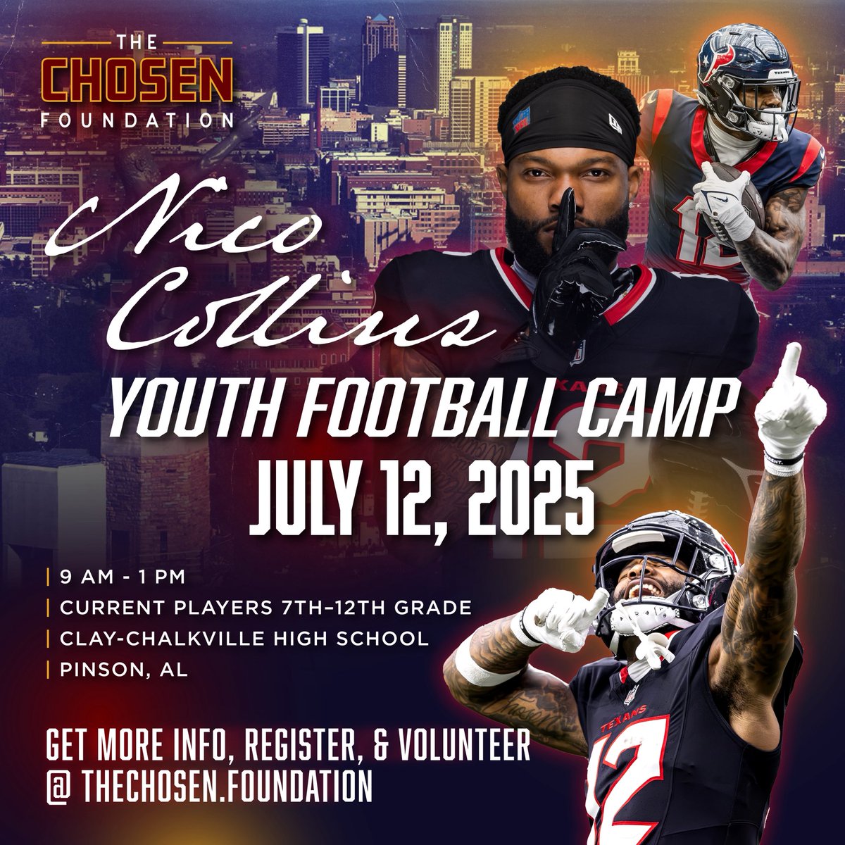 Stuart Floyd (@coachfloyd33) on Twitter photo We are more than excited to have <a href="/lbg_nico7/">Nico Collins</a> back <a href="/CCHSfootbal/">Clay-Chalkville Football</a>. Come camp with us.
thechosen.foundation We are more than excited to have <a href="/lbg_nico7/">Nico Collins</a> back <a href="/CCHSfootbal/">Clay-Chalkville Football</a>. Come camp with us.
thechosen.foundation