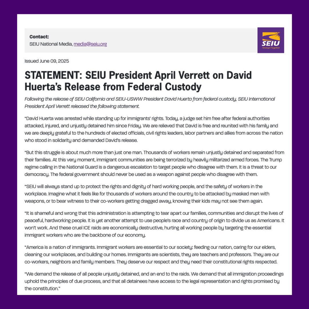 “We are relieved that David is free and reunited with his family and we are deeply grateful to the hundreds of elected officials, civil rights leaders, labor partners and allies from across the nation who stood in solidarity and demanded David’s release.” - @seiupres, April