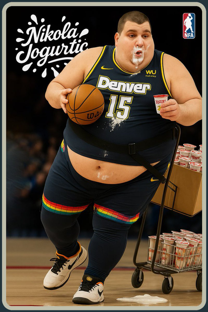 FatFinals's tweet photo. 🏀 Nikola Jogurtic
Position: Center, Yogurt Enthusiast
Team: Denver Calories
Number: 15

🍽 SEASON STATS:
Сalories per game: +9,840 kcal
Burgers eaten: 327 (this season)
Average yogurt intake per game: 4.6 liters
Blood yogurt level: 72%

#nikolajokic 
@NBA 
@JOKICgmi_fan https://t.co/twKpyytkvv