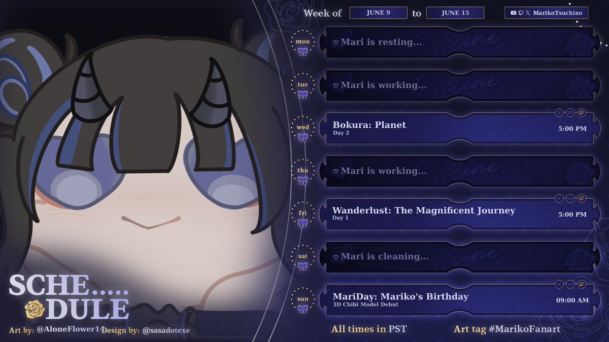 MariDay is finally here!

Are you ready for her new form?
🗓️Sunday, June 15th 2025
⏰9am PST
📍twitch.tv/marikotsuchino

#VTuber #ENVtuber #VTuberUprising #VTuberEN #TwitchStreamers

🎨: <a href="/AloneFlower14/">Aloneflower</a>

Week 6/09 to 6/15