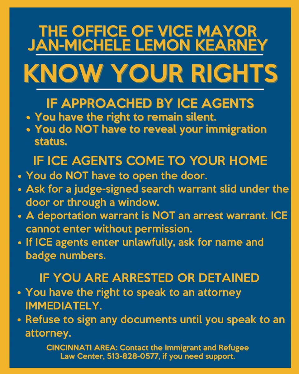 KearneyForCincy's tweet image. 🚨 CINCINNATI, KNOW YOUR RIGHTS/CONOCE TUS DERECHOS
With recent federal immigration crackdowns taking place across the country and here in our region, it’s important every be reminded of their LEGAL rights in regards to interactions with ICE and federal immigration authorities.