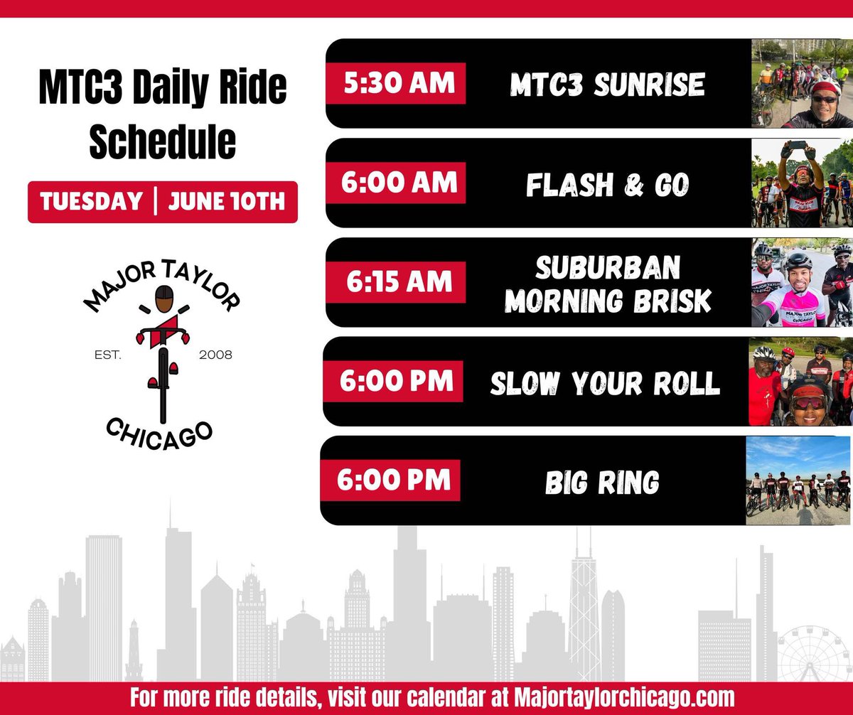 Major Taylor Chicago (@majortaylorchi) on Twitter photo A lot of options tomorrow, Let's Roll!
MTC3 Sunrise (5:30a): majortaylorchicago.com/event/mtc3-sun…
Flash & Go (6:00a): majortaylorchicago.com/event/flash-an…
Suburban Morning Brisk (6:15a): majortaylorchicago.com/event/suburban…
Slow Your Roll (6:00p): majortaylorchicago.com/event/slow-you…
Big Ring (6:00p): majortaylorchicago.com/event/big-ring… A lot of options tomorrow, Let's Roll!
MTC3 Sunrise (5:30a): majortaylorchicago.com/event/mtc3-sun…
Flash & Go (6:00a): majortaylorchicago.com/event/flash-an…
Suburban Morning Brisk (6:15a): majortaylorchicago.com/event/suburban…
Slow Your Roll (6:00p): majortaylorchicago.com/event/slow-you…
Big Ring (6:00p): majortaylorchicago.com/event/big-ring…