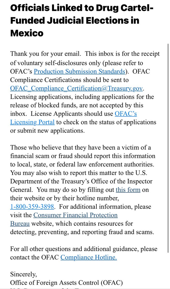 SimonLevyMx's tweet photo. 🇺🇸 ACTUALIZACIÓN: ACUSE DE RECIBO OFICIAL POR PARTE DE OFAC
📍Washington, D.C. | 9 de junio de 2025

Hoy he recibido confirmación oficial de acuse de recibo por parte de la Oficina de Control de Activos Extranjeros (OFAC) del Departamento del Tesoro de Estados Unidos, en relación con la denuncia penal que presenté sobre la financiación de elecciones judiciales en México por parte del narcotráfico.

✅ Esto representa un reconocimiento formal de que mi reporte ha sido ingresado en el sistema federal de revisión de sanciones y cumplimiento normativo de EE. UU.

🔎 OFAC es la agencia encargada de aplicar sanciones económicas y comerciales, especialmente bajo los siguientes marcos legales:
• Ley Kingpin contra Narcotraficantes Extranjeros
• Ley Global Magnitsky de Derechos Humanos y Corrupción
• Leyes estadounidenses contra el lavado de dinero

🛑 En mi denuncia se incluyen:
• Candidatos judiciales con vínculos directos con cárteles
• Altos funcionarios mexicanos
• Autoridades del @INEMexico que avalaron financiamiento político ilícito
• Evidencia de manipulación electoral mediante “acordeones” ilegales

📌 ¿Qué significa esto?
La denuncia ha sido integrada formalmente al proceso de revisión de cumplimiento y sanciones, lo cual puede derivar en:
1.Congelamiento de activos
2.Prohibición de entrada a EE. UU.
3.Apoyo a procesos penales internacionales
4.Designación de actores como amenazas a la seguridad nacional de EE. UU.

La democracia no se defiende con silencio.
Se defiende con verdad y con justicia.

Dr. Simón Levy
