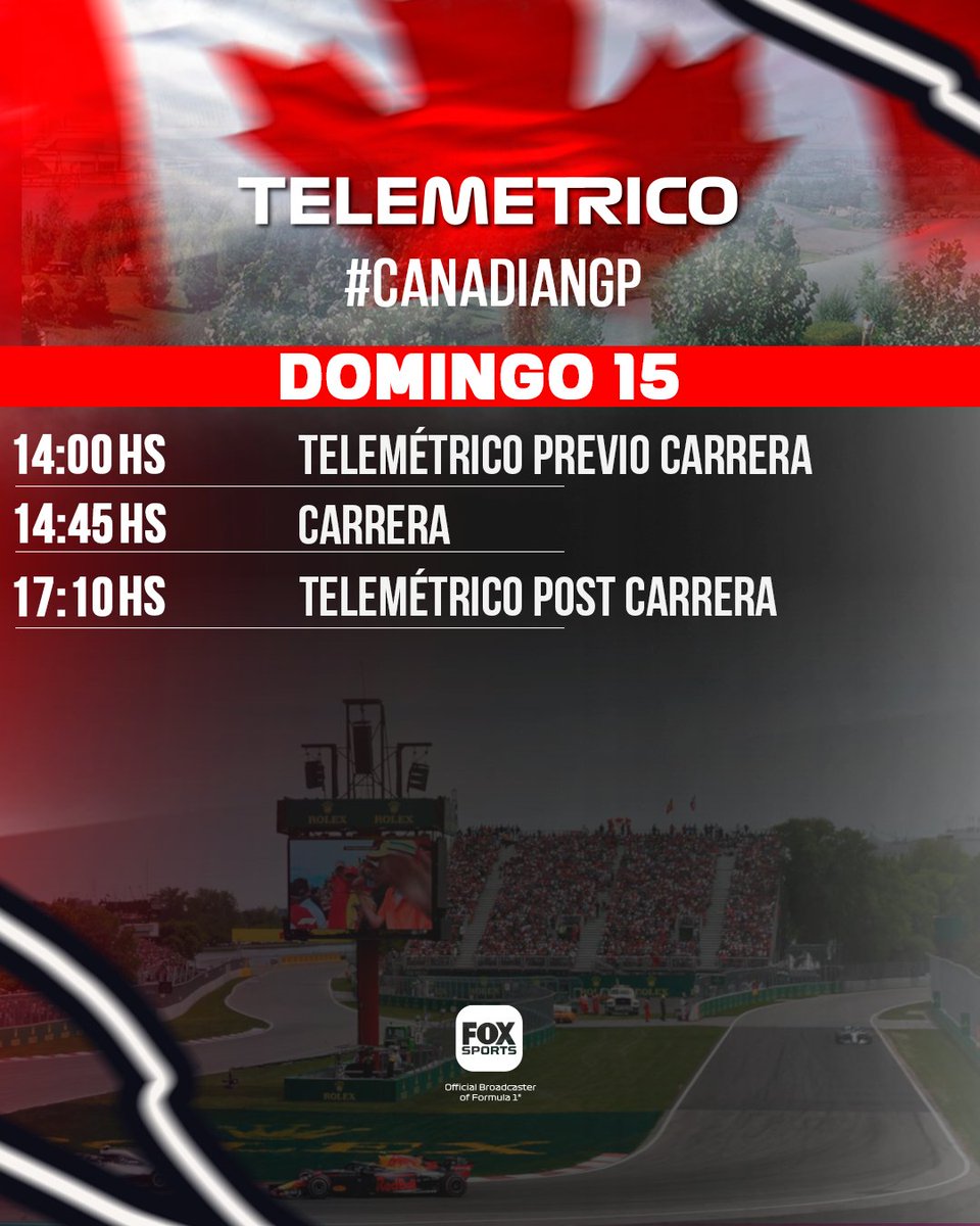 #F1xFoxSports | Aquí están los horarios del #CanadianGP para el próximo fin de semana.

Seguí toda la actividad de Fórmula 1 en  <a href="/TelemetricoF1/">TELEMETRICO F1 | Adrian Puente - Oficial -</a> junto a <a href="/puenteadrian/">Adrian Puente (Oficial)</a>, <a href="/aagulla_TV/">Andres Agulla</a> y <a href="/f1andersen/">Florencia Andersen</a> en la pantalla de Fox Sports.