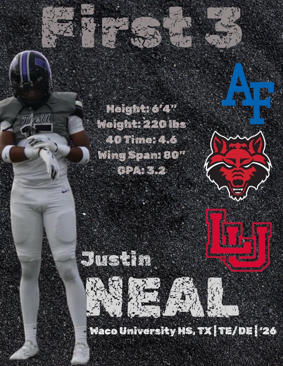 JustNeal6's tweet image. My first 3 offers🙏 @CoachCFoster_ @RecruitTheU @coachsewardjr @CoachGCarp @FloresAarrhon @dj_milam @ChadSimmons_ @TFloss32 @JScruggs247 @BDammone @_Visionary_Vic @streetziam @AF_Football @AStateFB @LamarFootball