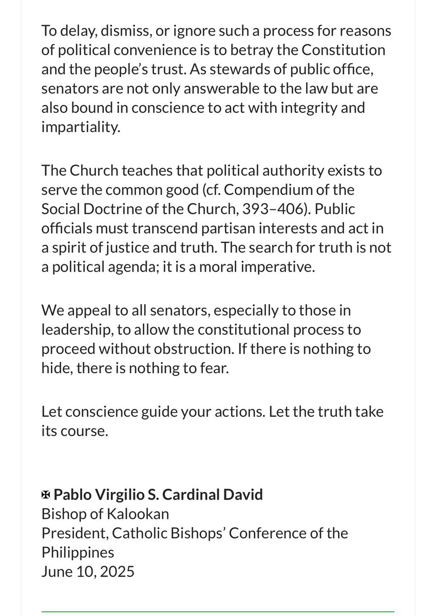 bellacariaso (@bellacariaso) on Twitter photo READ:
Statement of CBCP President Pablo Virgilio David on the Senateās responsibility in the impeachment process: <a href="/PhilippineStar/">The Philippine Star</a> READ:
Statement of CBCP President Pablo Virgilio David on the Senateās responsibility in the impeachment process: <a href="/PhilippineStar/">The Philippine Star</a>