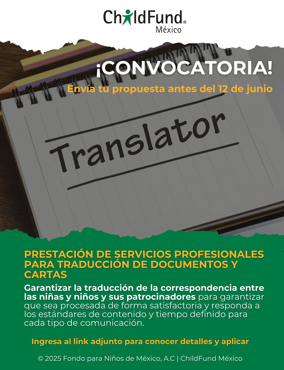 📢 ¡Convocatoria abierta! En <a href="/ChildFundMexico/">ChildFund México | Fondo para niños de México A.C.</a>  buscamos profesional en traducción (inglés-español) para facilitar la comunicación entre niñas, niños y sus patrocinadores.

✅ Persona física con RFC
✅ Experiencia en traducción
Consulta todos los requisitos: