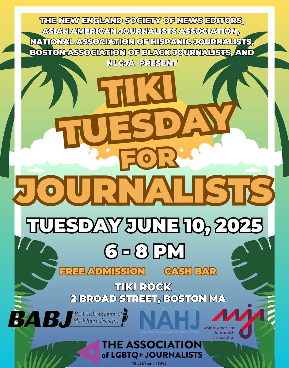 emilysweeney's tweet image. Our monthly meetup for journalists will take place at Tiki Rock from 6-8pm on Tuesday (June 10). Brought to you by @BostonNABJ, @NLGJAboston, @NAHJNewEngland, @aajanewengland, and @NESNE_news. All media professionals are welcome to attend, so please spread the word to your…