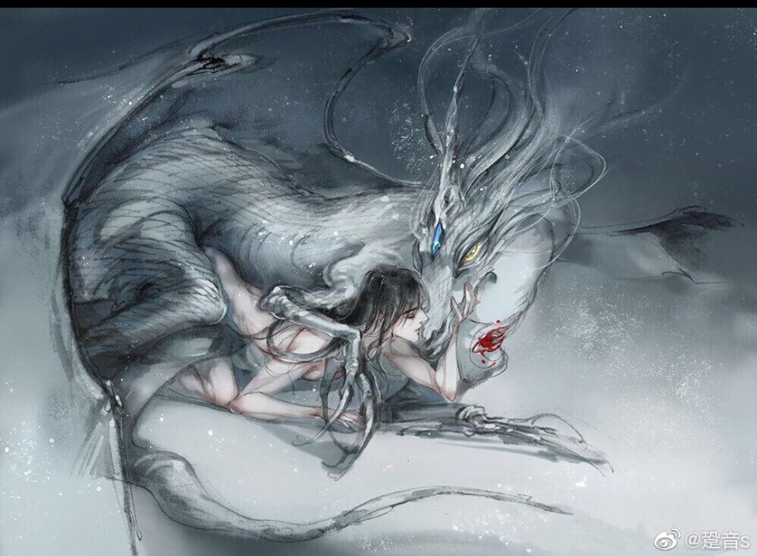 We forgot so fast the drawing of Wei Wuxian everydaying with Dragon Lan Wangji in his dragon form 😩 by ChangYang (who is also MXTX's friend)