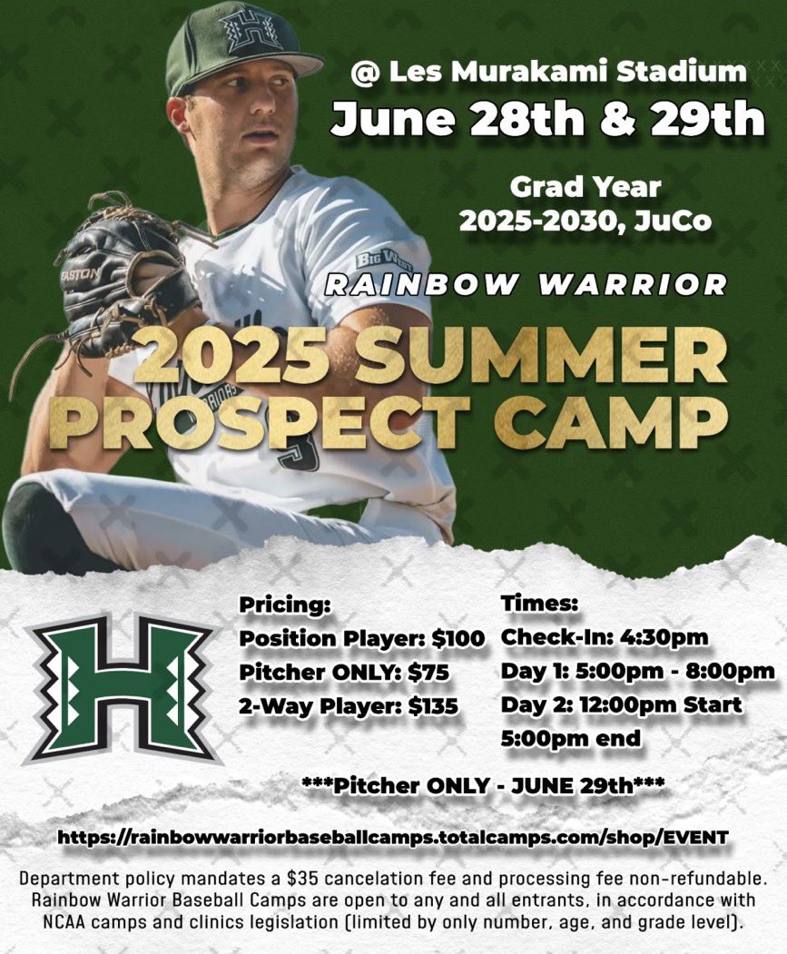 HAWAI’I PLAYERS‼️
<a href="/HawaiiBaseball/">Hawaii Baseball</a> is having a Prospect Camp June 28th and 29th at Les Murakami Stadium. High School, JUCO, and PORTAL guys welcome! Hop on the train and join a D1 program that’s quickly on the rise🤙🏽⚾️

#GoBows
#AlohaBall