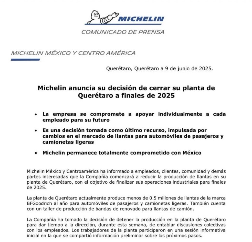 La economía en México está PKM. 

#michelin cierra en Querétaro.