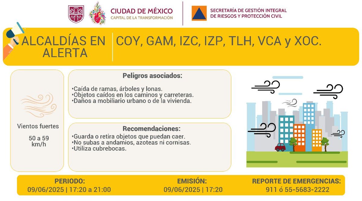 ⚠️ AVISO ⚠️
Se activa #AlertaAmarilla por vientos con rachas fuertes para la tarde y noche de este lunes 09/06/2025 en las demarcaciones de:
<a href="/Alcaldia_Coy/">Alcaldía de Coyoacán</a>
<a href="/TuAlcaldiaGAM/">Alcaldía Gustavo A. Madero</a>
<a href="/IztacalcoAl/">Alcaldía Iztacalco</a>
<a href="/Alc_Iztapalapa/">Alcaldía Iztapalapa</a>
<a href="/TlahuacRenace/">Alcaldía Tláhuac</a>
<a href="/A_VCarranza/">Alcaldía Venustiano Carranza</a>
<a href="/XochimilcoAl/">Alcaldía Xochimilco</a>

Vía: <a href="/SGIRPC_CDMX/">Secretaría de Gestión Integral de Riesgos y PC</a>.