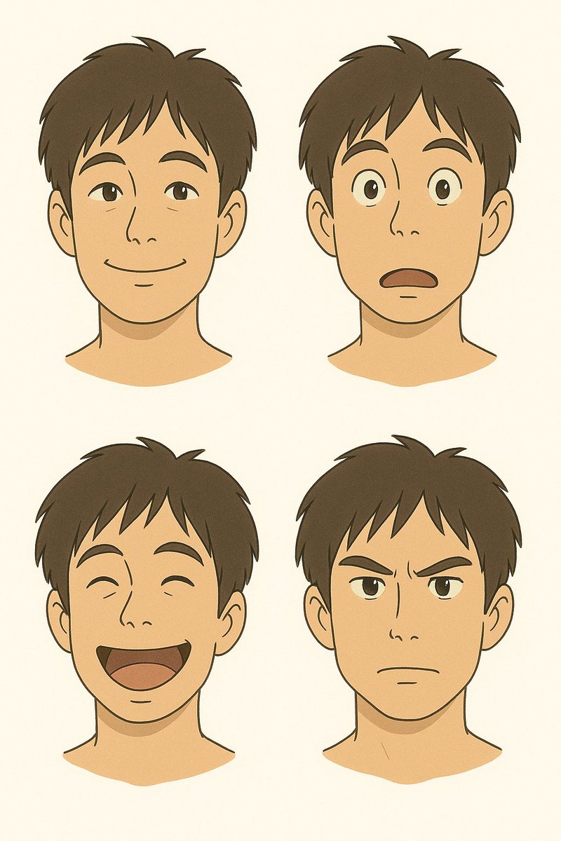 【極秘プロンプト】公開！
何百回と検証した結果、ＡＩに漫画を描かせるときのキャラクターシートは、服装なし顔だけ4種類が出力精度がよかったです。

どうしても服を出力してしまうので、

出力後に、「今出力した キャラクターシートの
