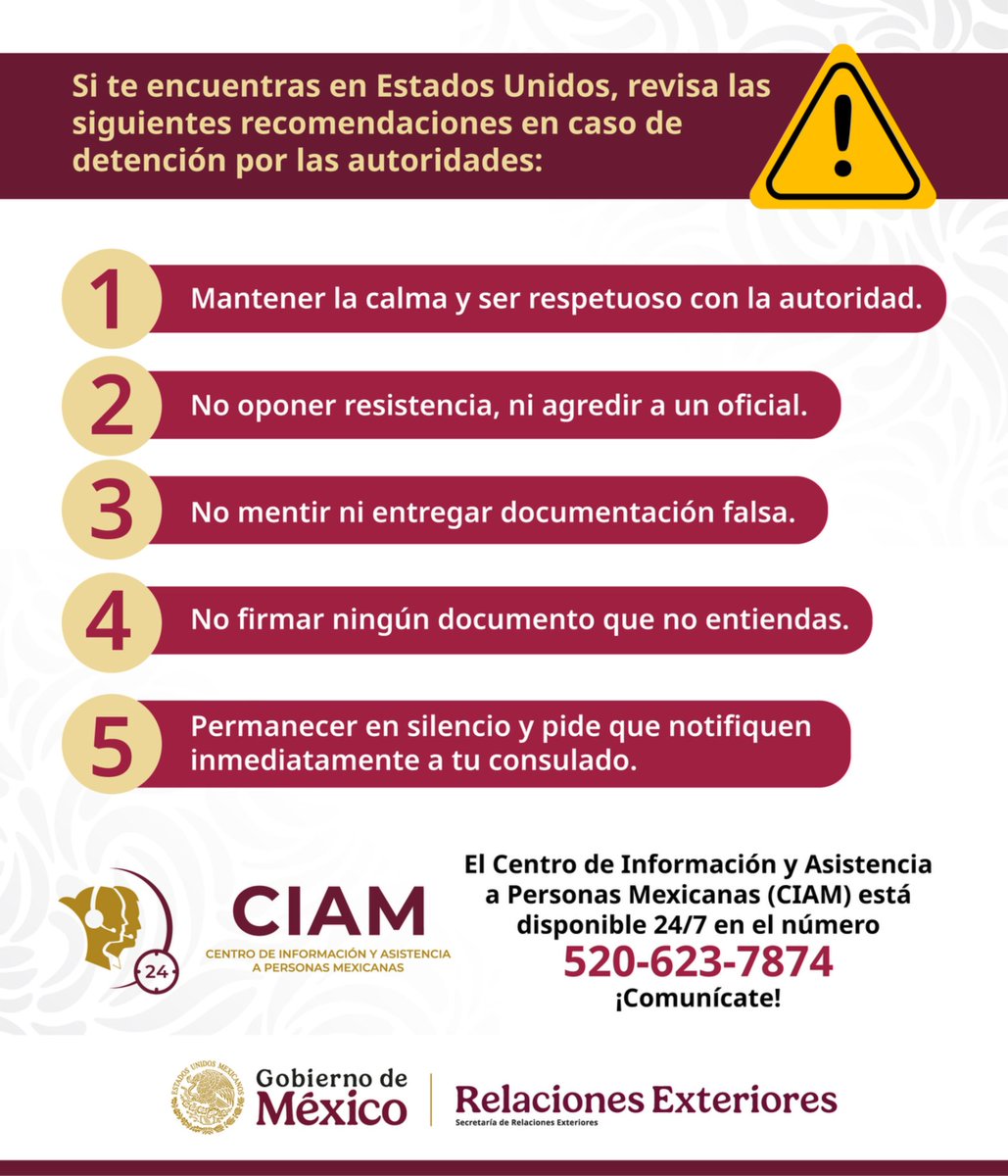 ⚠️Atención comunidad mexicana 🇲🇽 en el área de la Bahía. Te compartimos algunas recomendaciones en caso de que enfrentes un encuentro con la autoridad que derive en una detención. Recuerda en el consulado estamos para asistirte.