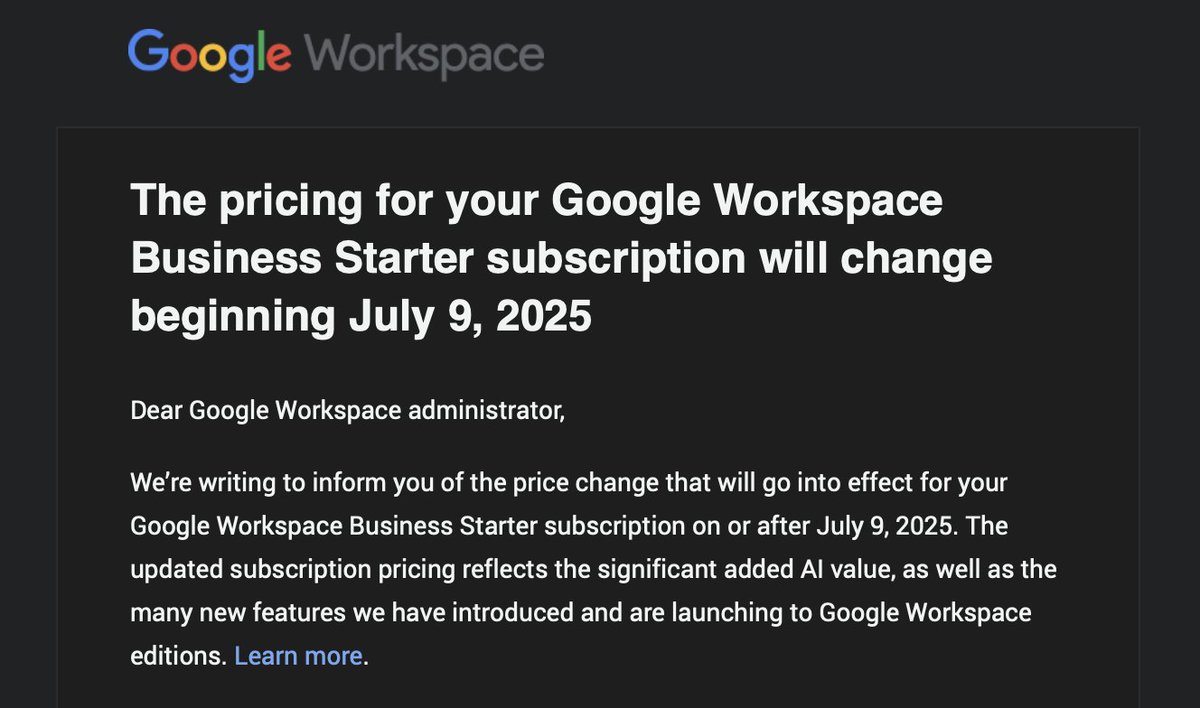 lukef's tweet photo. So, #google are price gouging again. If you're going to keep lifting prices at least introduce lower plans without all the features so people have an option. It genuinely feels like they are trying to fire their smallest customers to increase profitability.  @GoogleWorkspace https://t.co/o3RTExMp86