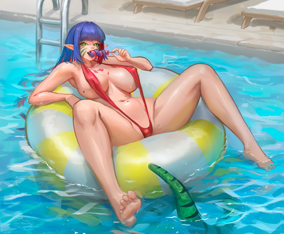 Happy #FFXIVSecretSummer to <a href="/ChocolateL1zard/">Chocolate lizard</a> and the GOAT <a href="/ronjou14/">ronjou(open for commissions)</a> for drawing their snek Sabrina enjoying herself in the sun, I hope you enjoy!! ❤️