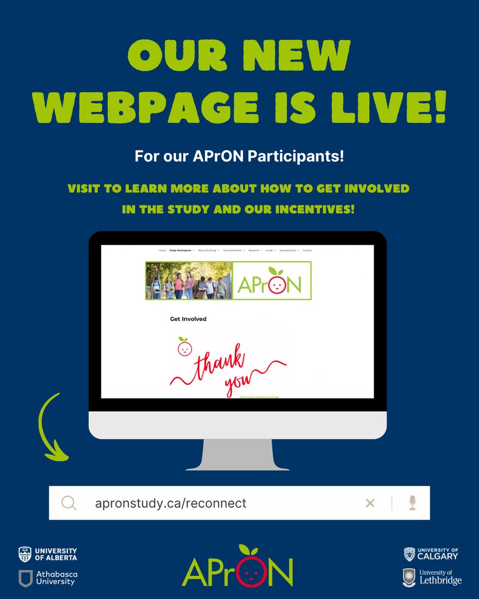 Our APrON participant webpage is now live, designed just for our APrON moms and youth, making it easier to stay connected with the study and get involved. Looking to get more involved? You can find all the details, including available incentives.

apronstudy.ca/reconnect/