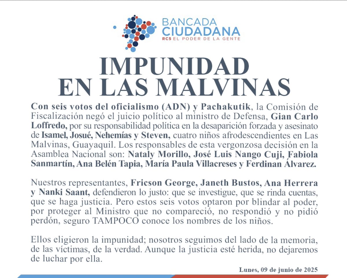 Bancada Ciudadana (@bancadarc5) on Twitter photo ¿Cómo podrán mirar a los ojos de las familias de Ismael, Josué, Nehemías y Steven los asambleístas de <a href="/Adnecuadorok/">AdnEcuadorOk</a> y <a href="/PKnacional18/">PACHAKUTIK NACIONAL</a>?
En el caso de #LosCuatroDeLasMalvinas, hoy queda en la impunidad el ministro Jean Carlo Loffredo. Esto ocurrió en la Comisión de <a href="/FiscalizacionAN/">Fiscalización AN</a>, ¿Cómo podrán mirar a los ojos de las familias de Ismael, Josué, Nehemías y Steven los asambleístas de <a href="/Adnecuadorok/">AdnEcuadorOk</a> y <a href="/PKnacional18/">PACHAKUTIK NACIONAL</a>?
En el caso de #LosCuatroDeLasMalvinas, hoy queda en la impunidad el ministro Jean Carlo Loffredo. Esto ocurrió en la Comisión de <a href="/FiscalizacionAN/">Fiscalización AN</a>,