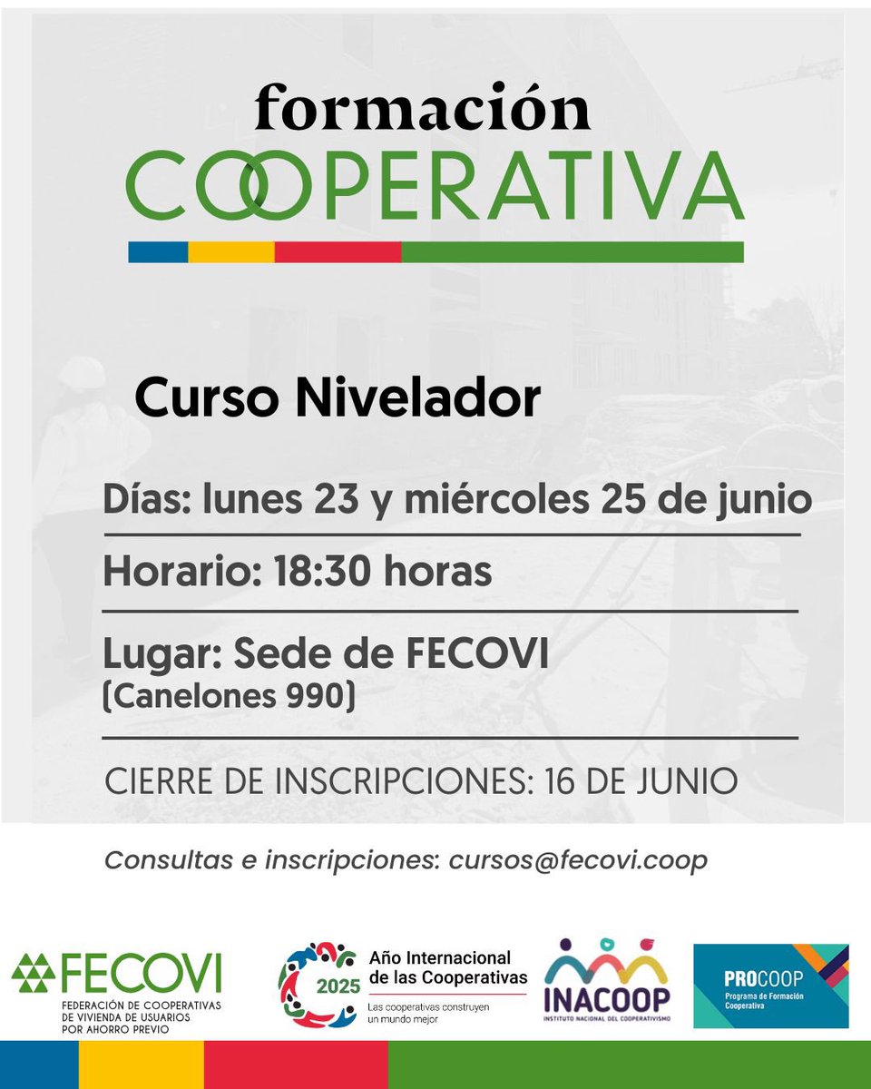 Primera edición 2025 del Curso Nivelador

Este curso está especialmente diseñado para aquellos cooperativistas que desean actualizar sus conocimientos sobre el funcionamiento integral de las cooperativas.