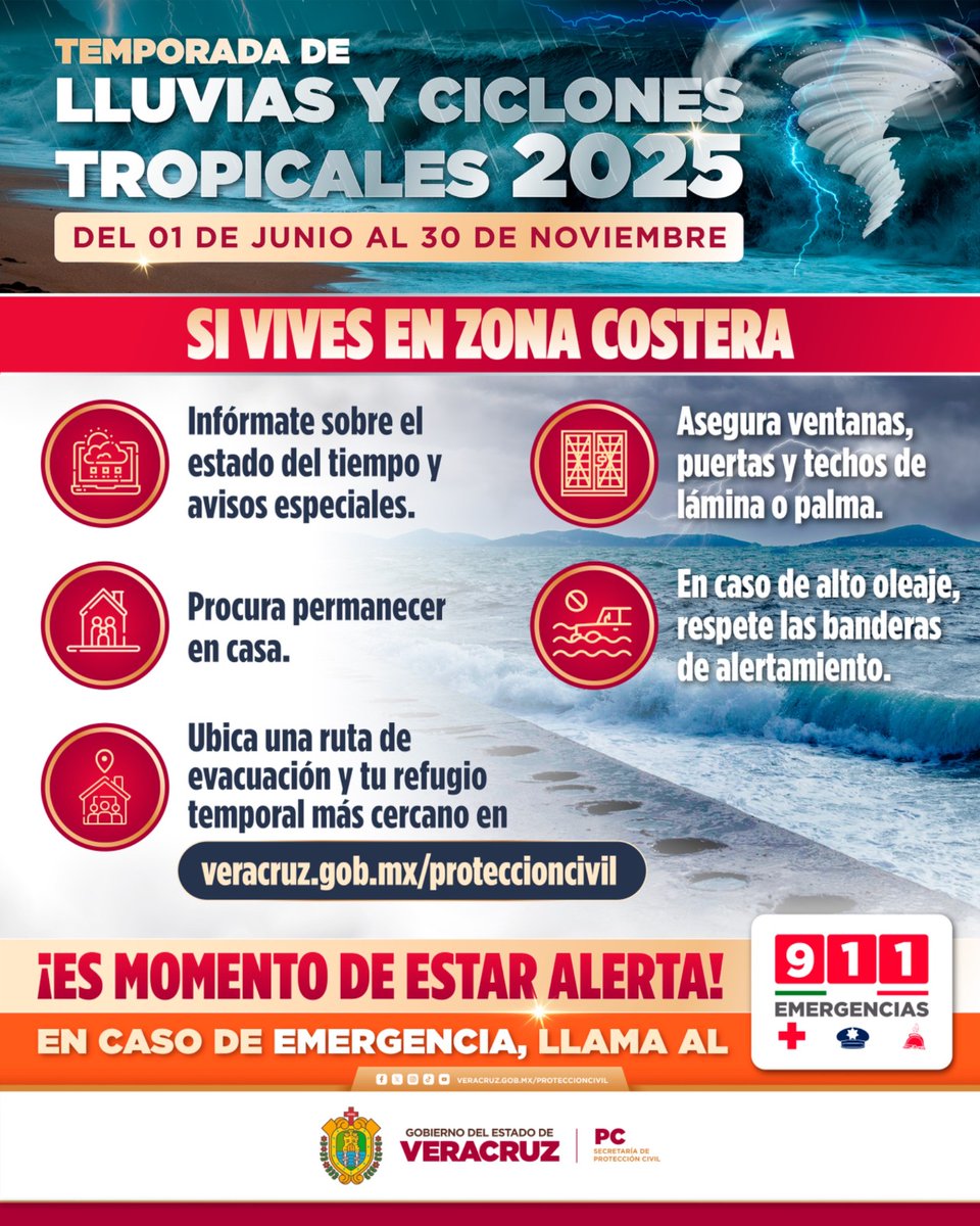 ¡Que las lluvias no te tomen desprevenido! 🌧️🌪️

Recuerda que las zonas costeras ⛱️ son propensas a alto oleaje y vientos fuertes durante la temporada de lluvias y ciclones.🌀 Por eso, te invitamos a seguir las medidas de prevención.👇🏻

Ante una emergencia llama al 9️⃣1️⃣1️⃣