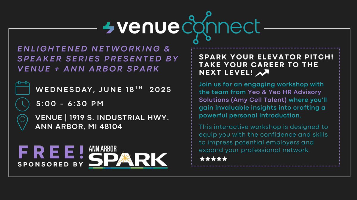 Spark Your Elevator Pitch — an in-person workshop all about making your introduction count. 

Learn how to craft a compelling pitch, grow your confidence, and make the right impression.

annarborusa.org/event/venue-co…