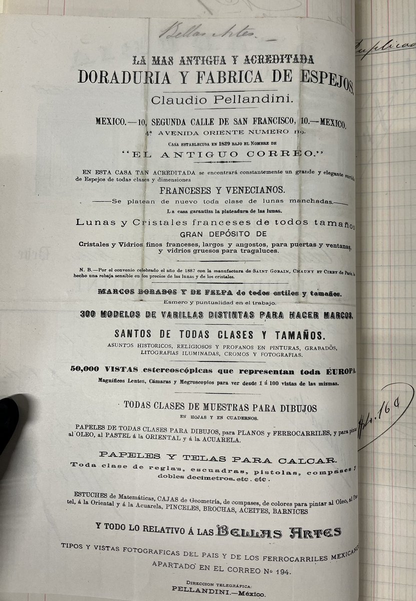 #DiaInternacionaldelosArchivos
Nota de compra de la Escuela Nacional de Bellas Artes por barnices secativos (aceleran el proceso de secado) en 1892. La casa Pellandini aprovechaba el reverso de las notas para publicitar los artículos en venta. 
Fac. de Arquitectura #UNAM