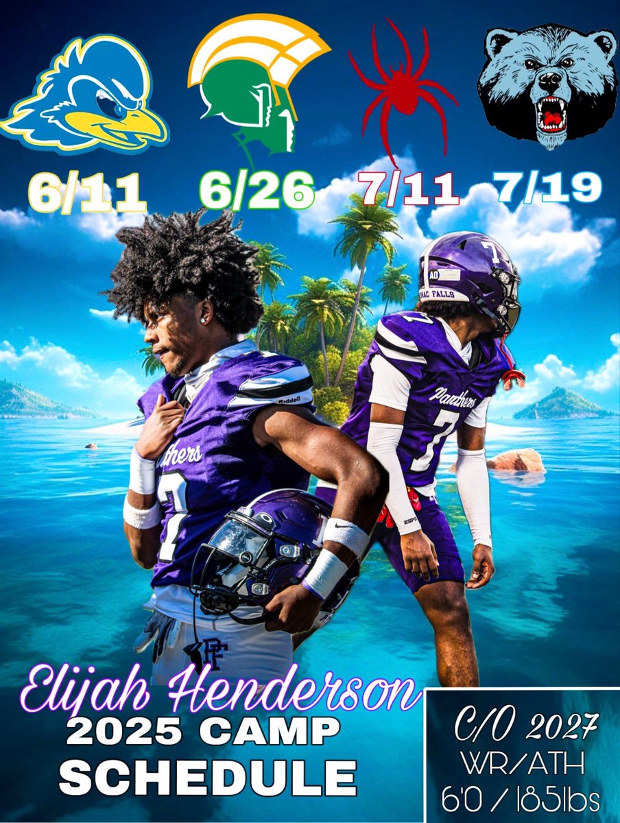 𝙀𝙇𝙄𝙅𝘼𝙃 𝙃𝙀𝙉𝘿𝙀𝙍𝙎𝙊𝙉 6’ 185 𝘼𝙏𝙃 2027 (@elijah_h15) on Twitter photo Locked in! 2025 Camp Schedule. #classof2027
<a href="/pfallsfb/">PFHS Football</a> <a href="/coachyaw4/">Yaw Aidoo</a> <a href="/coachdre_davis/">DeAndre Davis</a> <a href="/malik_crowe/">Malik Crowe</a> @BigYeezy5 <a href="/carljfred/">Carl Frederick</a> <a href="/WillVapreps/">Will Vapreps Garlick</a> <a href="/danteabsher3/">Dante Absher</a> <a href="/The1AndOnlyOB/">𝐂𝐎𝐀𝐂𝐇 𝐎𝐁𝐈𝐄 𝐖𝐎𝐎𝐃𝐒</a> <a href="/toby_lux/">🅲🅾🅰🅲🅷 𝑻𝒐𝒃𝒚 𝑳𝒖𝒙</a> <a href="/PrepRedzoneVA/">Prep Redzone Virginia</a> <a href="/DmvSportsLive6/">DmvSports</a> <a href="/Delaware_FB/">Delaware Football</a> <a href="/Spiders_FB/">Richmond Spiders Football</a> <a href="/NorfolkStateFB/">Norfolk State Football 🔰</a> <a href="/Livingstone_Fb/">Livingstone College Football</a> Locked in! 2025 Camp Schedule. #classof2027
<a href="/pfallsfb/">PFHS Football</a> <a href="/coachyaw4/">Yaw Aidoo</a> <a href="/coachdre_davis/">DeAndre Davis</a> <a href="/malik_crowe/">Malik Crowe</a> @BigYeezy5 <a href="/carljfred/">Carl Frederick</a> <a href="/WillVapreps/">Will Vapreps Garlick</a> <a href="/danteabsher3/">Dante Absher</a> <a href="/The1AndOnlyOB/">𝐂𝐎𝐀𝐂𝐇 𝐎𝐁𝐈𝐄 𝐖𝐎𝐎𝐃𝐒</a> <a href="/toby_lux/">🅲🅾🅰🅲🅷 𝑻𝒐𝒃𝒚 𝑳𝒖𝒙</a> <a href="/PrepRedzoneVA/">Prep Redzone Virginia</a> <a href="/DmvSportsLive6/">DmvSports</a> <a href="/Delaware_FB/">Delaware Football</a> <a href="/Spiders_FB/">Richmond Spiders Football</a> <a href="/NorfolkStateFB/">Norfolk State Football 🔰</a> <a href="/Livingstone_Fb/">Livingstone College Football</a>