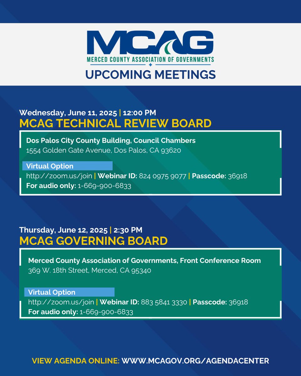 Please join MCAG, TJPA, and RWA at one of our upcoming meetings in the month of June. The public may join either in-person or via Zoom.

See agenda for additional information: ow.ly/MRcT50SWpki