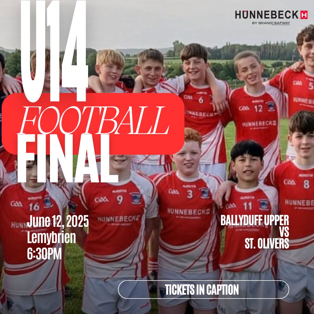 🔥 U14 Football County Final 🏆
🏟️ Lemybrien
🆚 St. Olivers
🕢 Throw-in: 6:30 PM   
🎫 universe.com/events/bord-na…