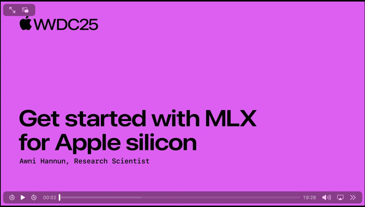 Awni Hannun (@awnihannun) on Twitter photo We have two awesome new videos on MLX at #WWDC25 this year.
- Learn all about MLX.
- Learn all about running LLMs locally with MLX.
<a href="/angeloskath/">Angelos Katharopoulos</a>, <a href="/shshnkp/">Shashank Prasanna</a>, myself, and others worked super hard to make these. Check them out and hope you find them useful! We have two awesome new videos on MLX at #WWDC25 this year.
- Learn all about MLX.
- Learn all about running LLMs locally with MLX.
<a href="/angeloskath/">Angelos Katharopoulos</a>, <a href="/shshnkp/">Shashank Prasanna</a>, myself, and others worked super hard to make these. Check them out and hope you find them useful!