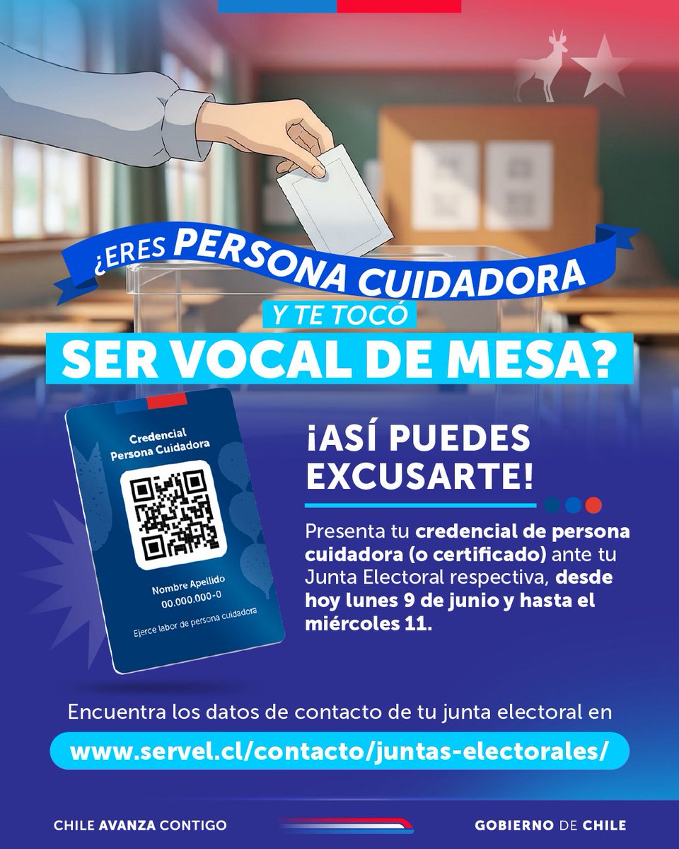 Recuerda que si eres persona cuidadora y te tocó ser vocal de mesa te puedes excusar con tu credencial de persona cuidadora. 

👇🏼 Aquí te explicamos cómo.