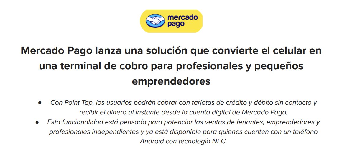 La plaza móvil se renueva por defecto. Pensar que el NFC no será un commodity en móviles de baja gama, es como pensar que los GenZ no serán mainstream. Es absurdo.

En esa linea, #MercadoPago se sube a la ola lanzando Point Tap, su solución #SoftPos.

Otro EXCELENTE paso de #MeLi
