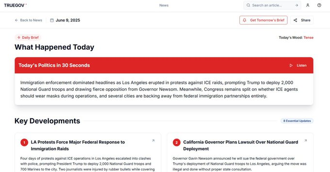 ProjectConstitu's tweet photo. 🚨JUST DROPPED: The Daily Debrief from @TrueGov is a game-changer.
Get the entire day's biggest political stories in 30 seconds—no fluff, no spin, all signal.
One click. All the news. Zero BS.
Try it now 👉
Let me know what you think👇
#News #Politics #TrueGov #DailyBrief #StayInformed
