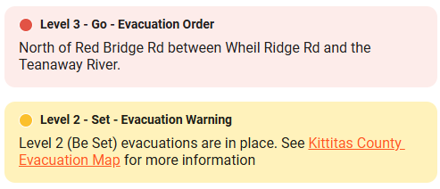 Wa_fire_watch's tweet photo. #RedBridgeFire Via Watch Duty: Level 2 evacuations have been issued! See the above image or https://t.co/SHiUIRUDxM
---------
In effect there are Level 3 and Level 2 Evacuations in effect with a lot of Air Support, 1 tanker overhead, 1 air attack with 1 En-Route, several Copters! https://t.co/ZR9r4UxzDV